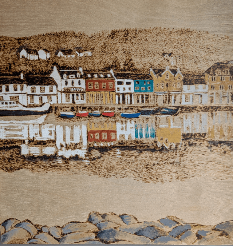 Tarbert - Pyrography and acrylic on wood