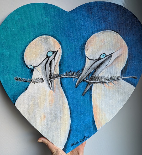 It Takes Two - Two gannets on a heart shaped canvas holding a feather
