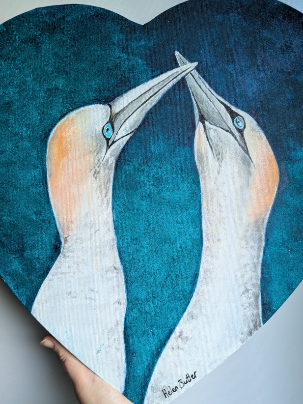 The Love Birds - Two gannets on a heart shaped canvas.