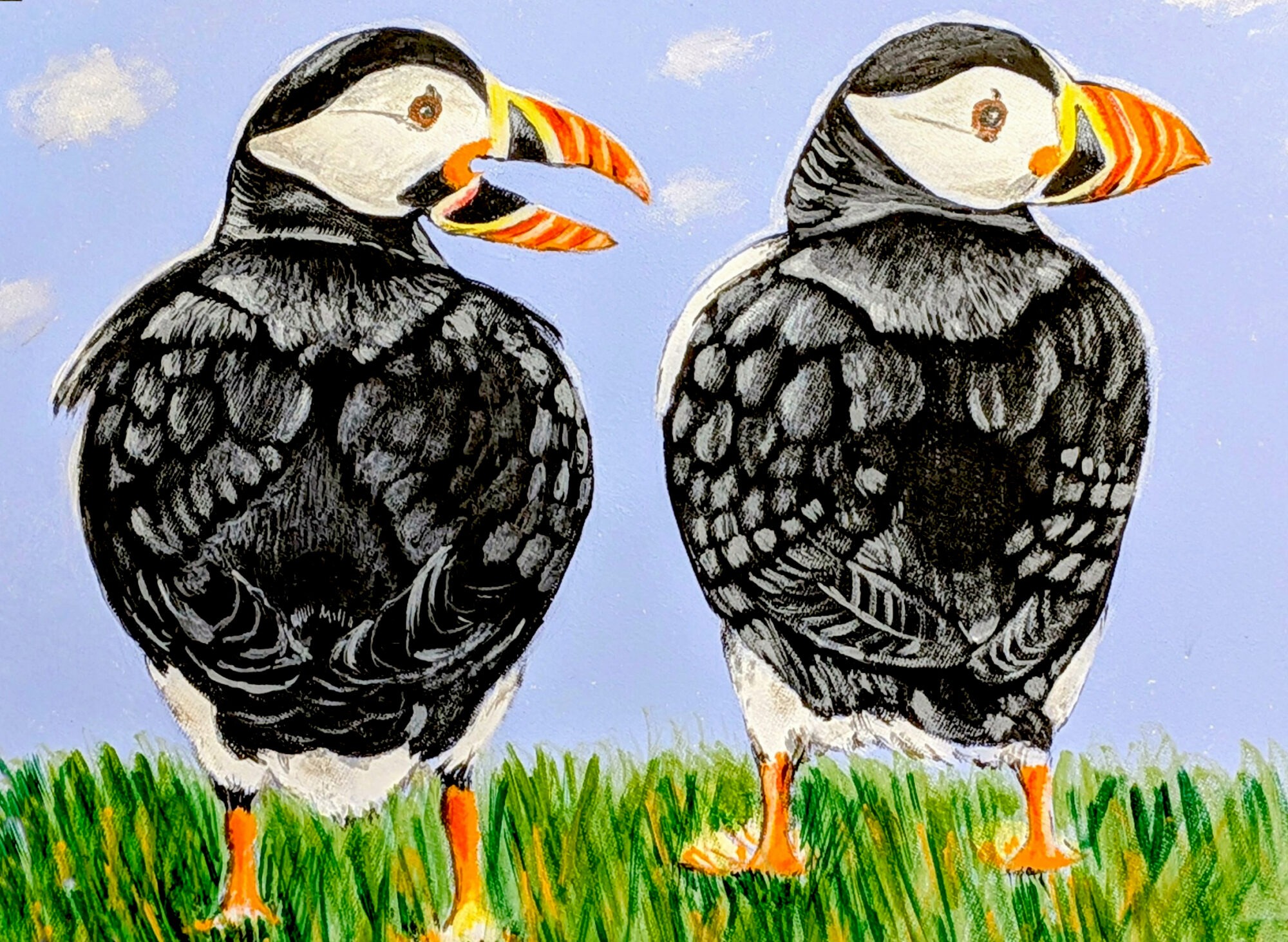 A pair of puffins on canvas