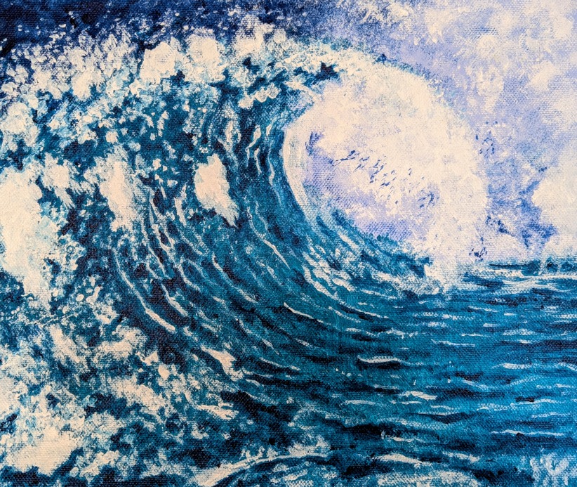 An acrylic painting of a stormy wave